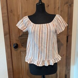 Studio B By Bobeau 100% Cotton Boho Ivory Blue Brown Striped Ruffle Hem Top Sz S